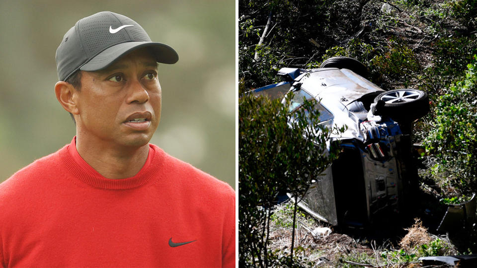 Tiger Woods (pictured left) during competition and (pictured right) his car after a crash near LA last month.