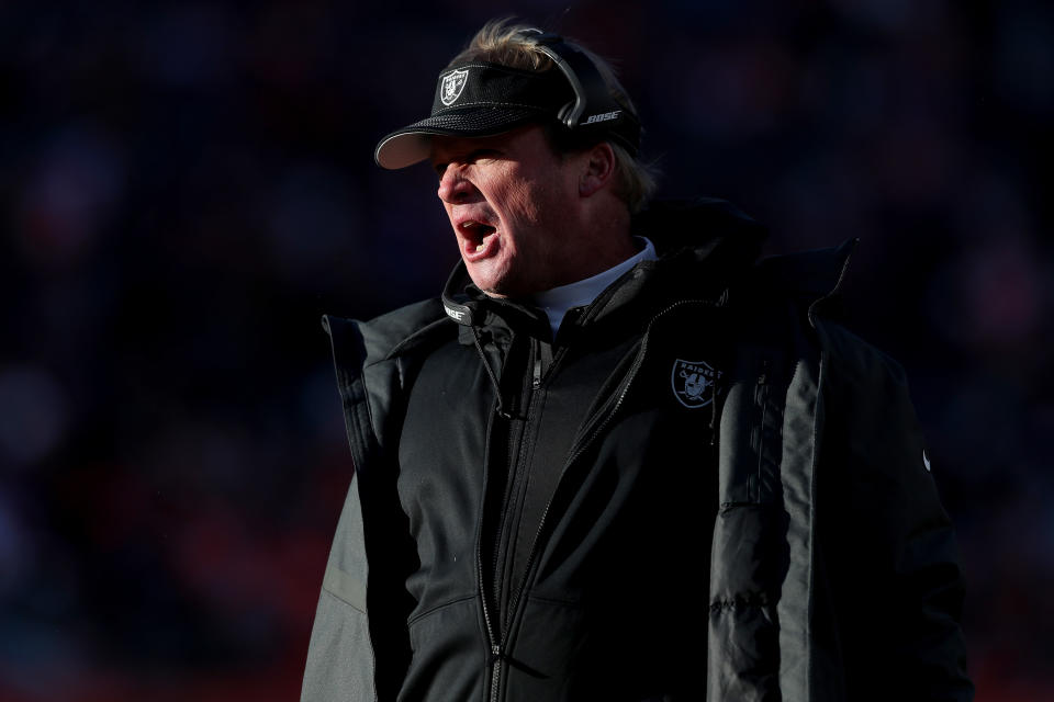 Raiders coach Jon Gruden will be answering questions about the Khalil Mack trade for years. (Photo by Matthew Stockman/Getty Images)