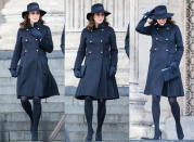 <p><strong>When: Dec. 14, 2017</strong><br>Kate, who is due to give birth to her third child in April, was suitably dressed in sombre, dark colours — opting for a $1,233 USD military-style Carolina Herrera coat complemented with a wide-brimmed floppy hat, dark navy heels and matching gloves. <em>(Photo: Getty)</em> </p>