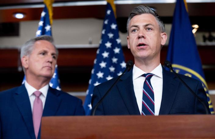 House Minority Leader Kevin McCarthy, R-Calif., and Rep. Jim Banks, R-Ind., hold a press conference on Capitol Hill June 9.