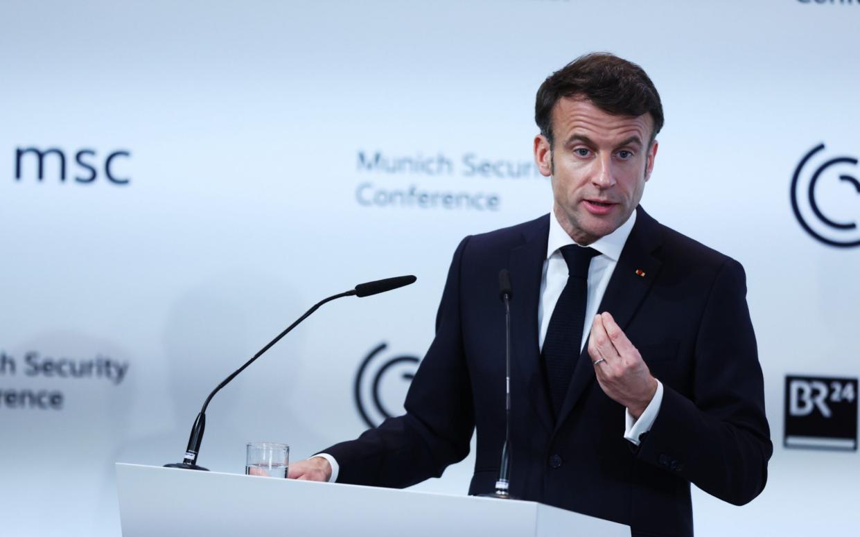 French President Emmanuel Macron speaks at the 2023 Munich Security Conference (MSC)