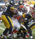 <p>Pittsburgh Steelers running back Stevan Ridley (38) backs into the end zone for a touchdown during the first half of an NFL football game in Pittsburgh, Sunday, Dec. 31, 2017. (AP Photo/Keith Srakocic) </p>