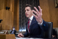 Sen. Josh Hawley, R-Mo., questions Secretary of Homeland Security Alejandro Mayorkas during a Senate Homeland Security and Governmental Affairs Committee hearing, Tuesday, Sept. 21, 2021 on Capitol Hill in Washington. (Jim Lo Scalzo/Pool via AP)