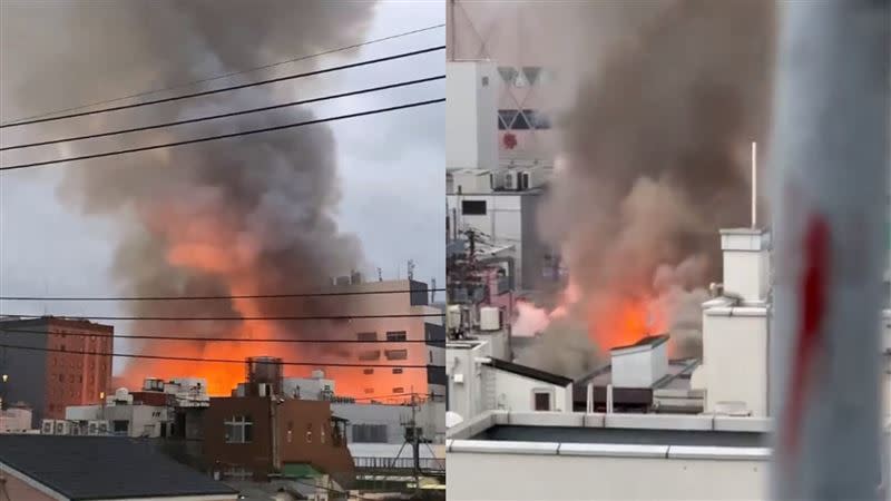 魚町銀天街發生大規模火災，火勢延燒35棟建築。（圖／翻攝自X）
