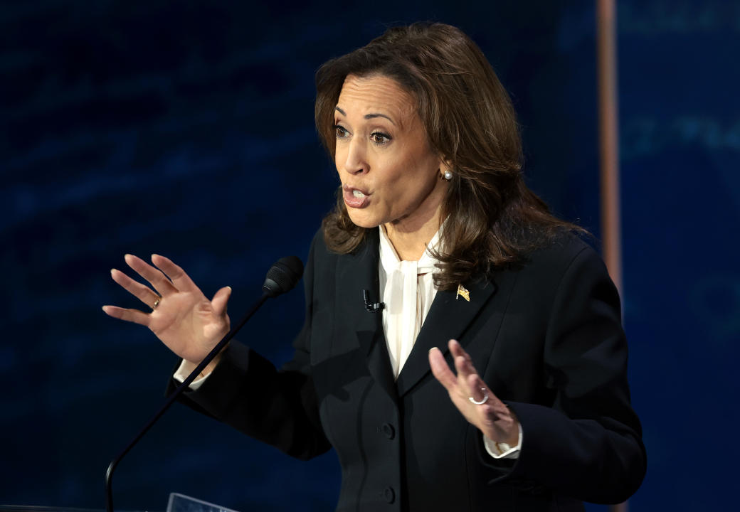 Vice President Kamala Harris, debates Republican presidential nominee, former U.S. president Donald Trump, for the first time during the presidential election campaign at The National Constitution Center on September 10, 2024 in Philadelphia, Pennsylvania. (Win McNamee/Getty Images)