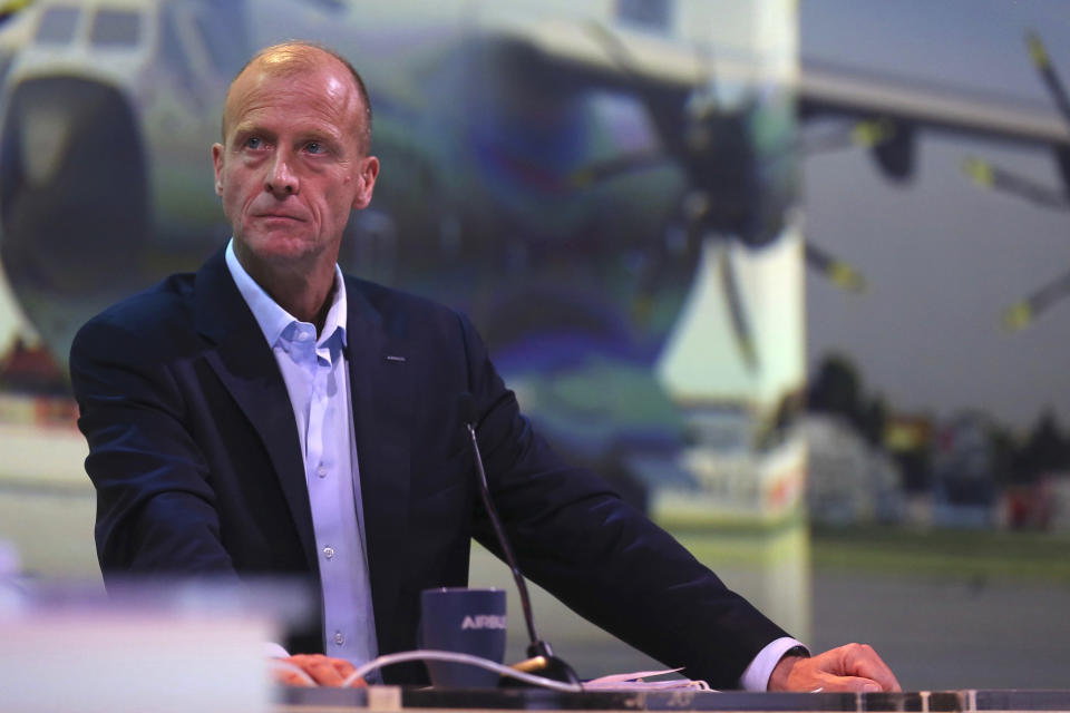 Airbus CEO Tom Enders speaks before the presentation of Airbus 2018 results in Toulouse, southern France, Thursday, Feb.14, 2019. The European plane manufacturer Airbus said Thursday it will stop making its superjumbo A380 in 2021 for lack of customers, abandoning the world's biggest passenger jet and one of the aviation industry's most ambitious and most troubled endeavors. (AP Photo/Fred Scheiber)