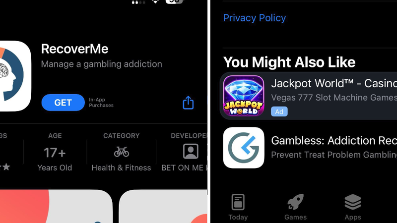 An ad for a gambling app next to the page for a gambling addiction recover app