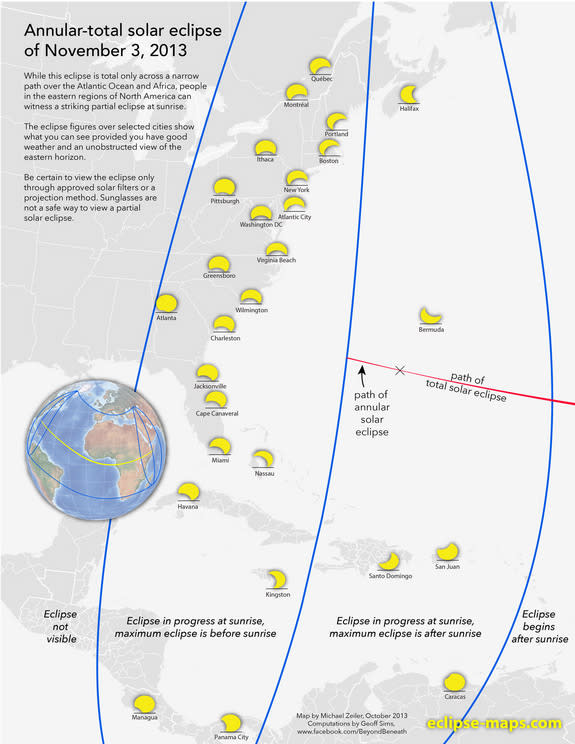 Cartographer Michael Zeiler of <a href="http://eclipse-maps.com/" rel="nofollow noopener" target="_blank" data-ylk="slk:Eclipse-Maps.com;elm:context_link;itc:0;sec:content-canvas" class="link ">Eclipse-Maps.com</a> created this map depicting the partial solar eclipse views along the North American East Coast during the Nov. 3, 2013 hybrid solar eclipse.