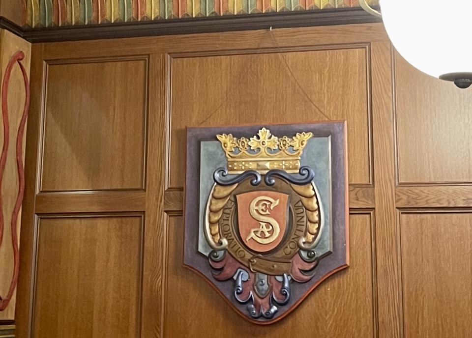 The society&#39;s secret crest can be found on a dining room wall inside the Jungle Skipper Co. LTD Skipper Canteen restaurant. (Photo: Carly Caramanna)