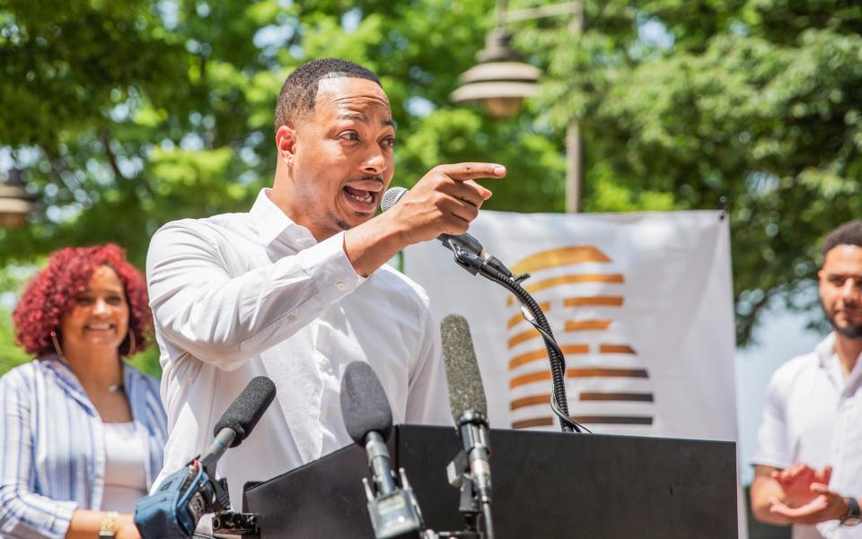 Aaron Jordan, CEO of Black Complex Louisville, speaks at a press conference in Louisville, Ky on May 10, 2022. The press conference was held to annouce the four-day celebration that will take place for Juneteenth next month.