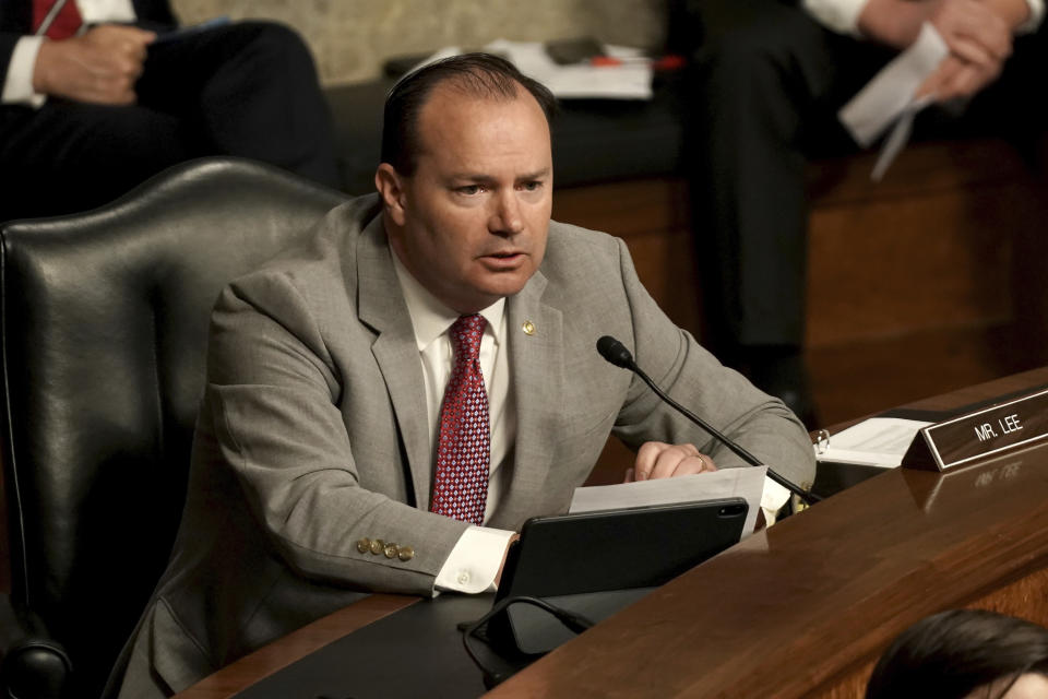 Sen. Mike Lee, R-Utah, questions former Deputy Attorney General Rod Rosenstein during a Senate Judiciary Committee hearing on Capitol Hill in Washington, Wednesday, June 3, 2020. (Greg Nash/Pool via AP)