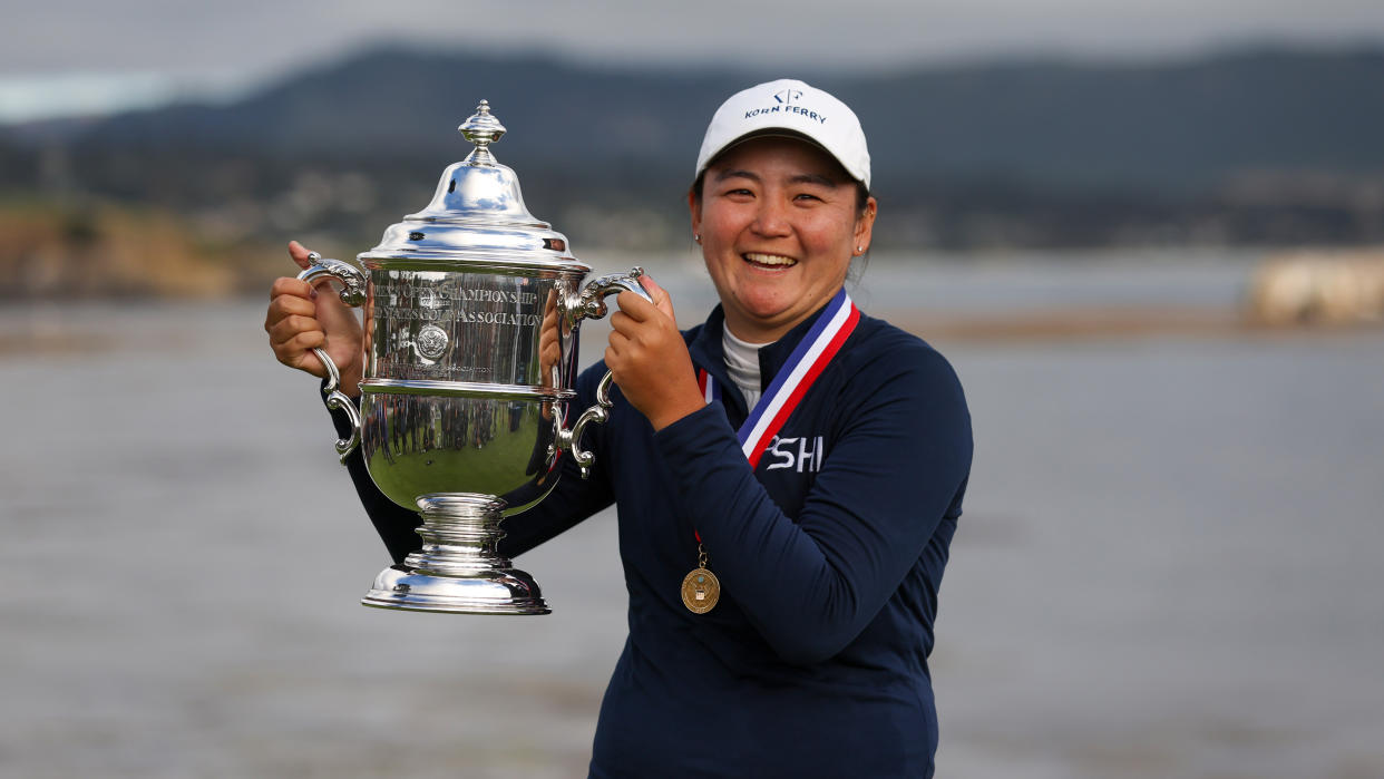  Allisen Corpuz of the United States celebrates with the Harton S. Semple Trophy after winning the 78th U.S. Women's Open at Pebble Beach Golf Links 