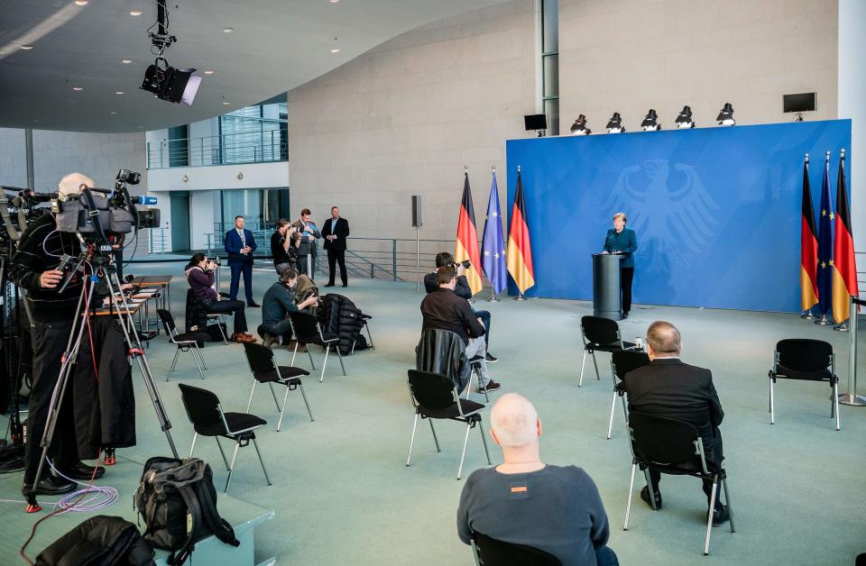 German Chancellor Angela Merkel makes a press statement on the spread of the new coronavirus COVID-19 at the Chancellery, in Berlin on March 22, 2020. (Photo by Michael Kappeler / POOL / AFP) (Photo by MICHAEL KAPPELER/POOL/AFP via Getty Images)