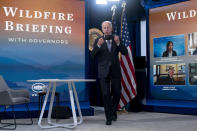 President Joe Biden arrives for a meeting with governors to discuss ongoing efforts to strengthen wildfire prevention, preparedness and response efforts, and hear firsthand about the ongoing impacts of the 2021 wildfire season in the South Court Auditorium in the Eisenhower Executive Office Building on the White House Campus in Washington, Friday, July 30, 2021. (AP Photo/Andrew Harnik)