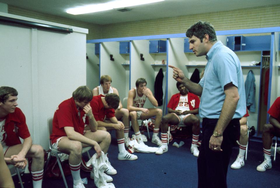 Indiana coach Bob Knight talks to his team in their locker room during the 1976 NCAA Final Four in Baton Rouge, LA.