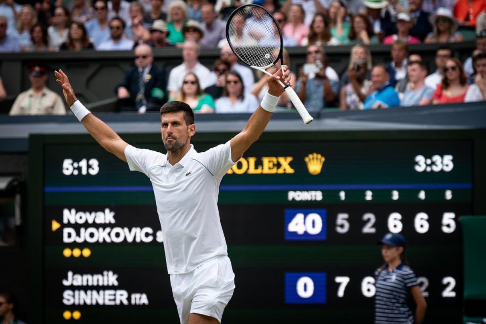 Novak Djokovic celebrates after beating Jannik Sinner (Aaron Chown/PA) (PA Wire)