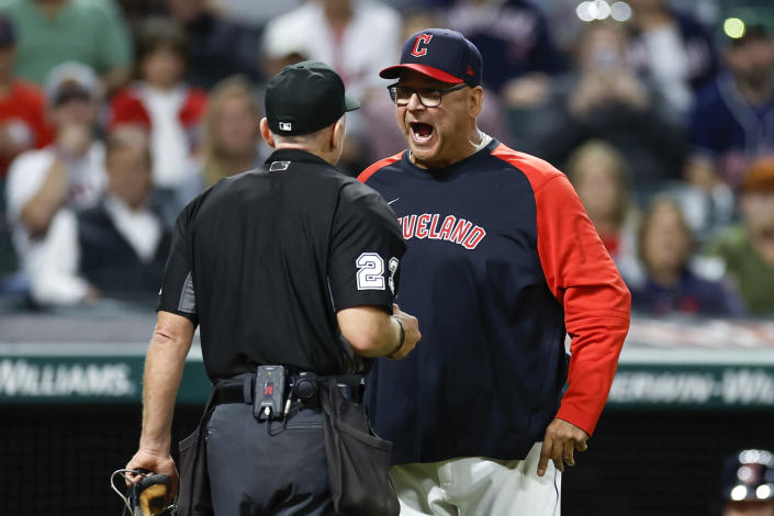 Cleveland Guardians manager Terry Francona agrues a call with umpire Lance Barksdale during the ninth inning of the team's baseball game against the Detroit Tigers on Tuesday, Aug. 16, 2022, in Cleveland. Francona was ejected. (AP Photo/Ron Schwane)