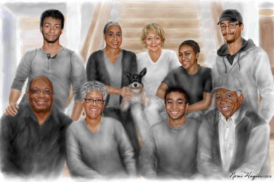 REMOVES REFERENCE TO ACTUAL FAMILY MEMBERS WHO ARE PICTURED - This photos provided by Nomi Wagner shows a family portrait Wagner was commissioned to paint for Jewelette McDaniel. McDaniel had always felt guilty about not sending photos often enough to her mother-in-law so last Christmas she commissioned Wagner to create a family portrait featuring her in-laws and their immediate family. (Nomi Wagner via AP)