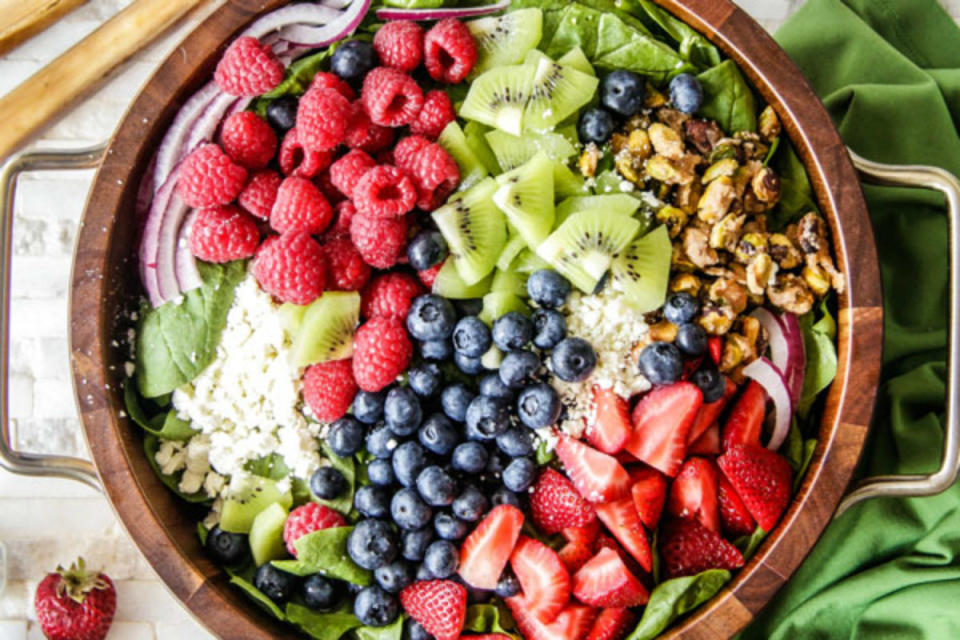 <p>This salad, which is bursting with kiwis, fresh berries, pistachios and feta, will let you cling to summer just a little longer!</p><p><strong>Recipe here: </strong><strong><a href="http://www.recipegirl.com/2015/09/08/kiwi-berry-salad-with-raspberry-poppy-seed-dressing/" rel="nofollow noopener" target="_blank" data-ylk="slk:Kiwi Berry Salad with Raspberry Poppyseed Dressing;elm:context_link;itc:0;sec:content-canvas" class="link ">Kiwi Berry Salad with Raspberry Poppyseed Dressing</a></strong></p>