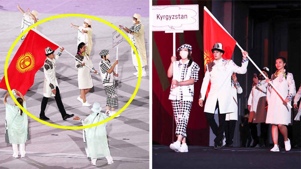 Team Kyrgyzstan (pictured left) not wearing masks during the opening ceremony.