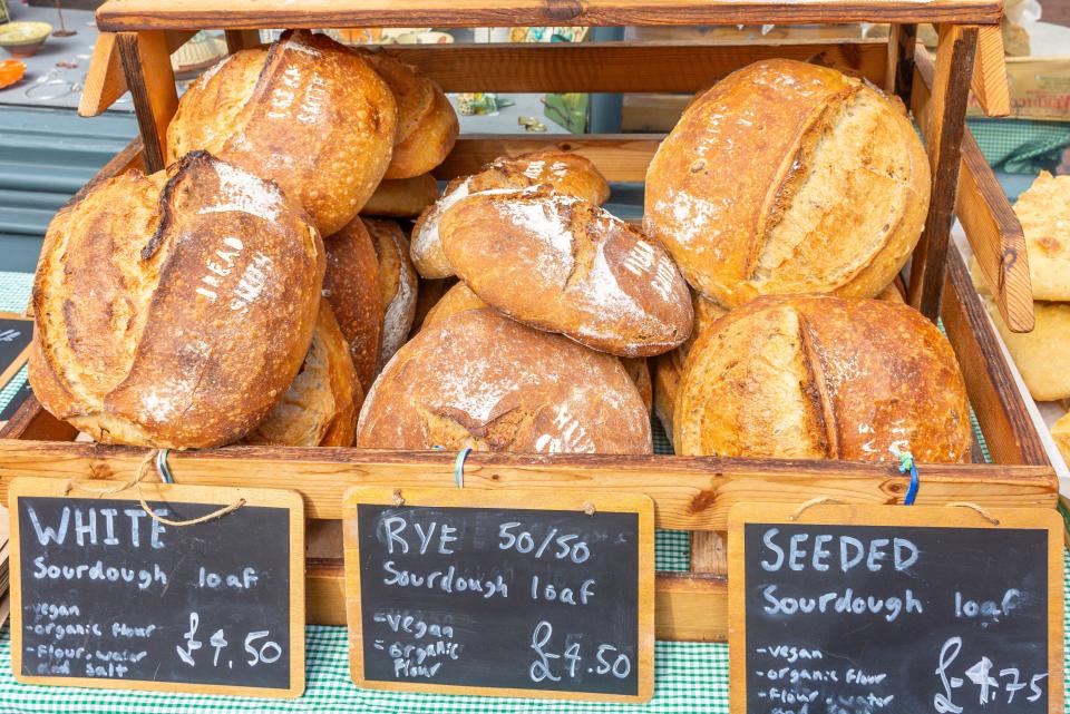 inflation Sourdough loaves and baguettes for sale, High Street, Royal Tunbridge Wells, Kent, England, United Kingdom