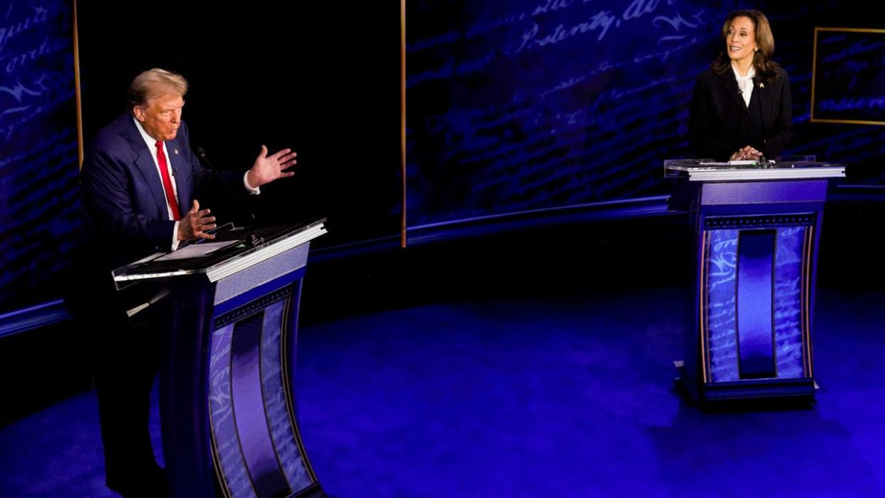 <div>US Vice President Kamala Harris, right, and former US President Donald Trump during the second presidential debate at the Pennsylvania Convention Center in Philadelphia, Pennsylvania, US, on Tuesday, Sept. 10, 2024. Democrat Kamala Harris opened her presidential debate with Republican Donald Trump by touting her economic agenda, saying she was the only candidate on stage with a plan focused on "lifting up the middle class and working people of America." Photographer: Doug Mills/The New York Times/Bloomberg via Getty Images</div>