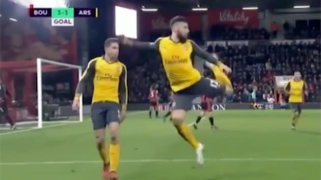 Giroud has been criticised over his goal celebration. Pic: Optus Sport