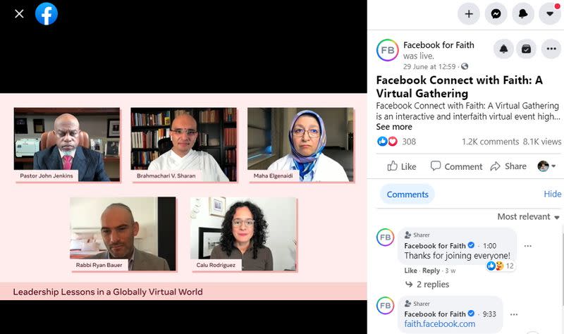 Video from Facebook's virtual faith gathering with religious leaders on June 29, 2021, is seen in this screenshot