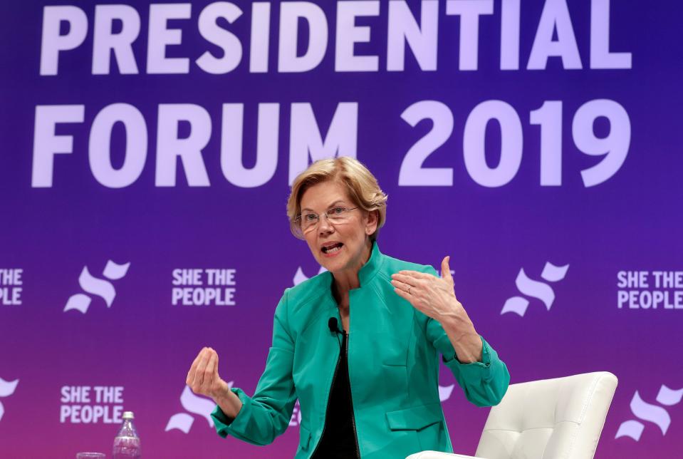 Democratic presidential candidate Sen. Elizabeth Warren, D-Mass., answers questions during a presidential forum held by She The People on the Texas State University campus Wednesday, April 24, 2019, in Houston. (AP Photo/Michael Wyke)