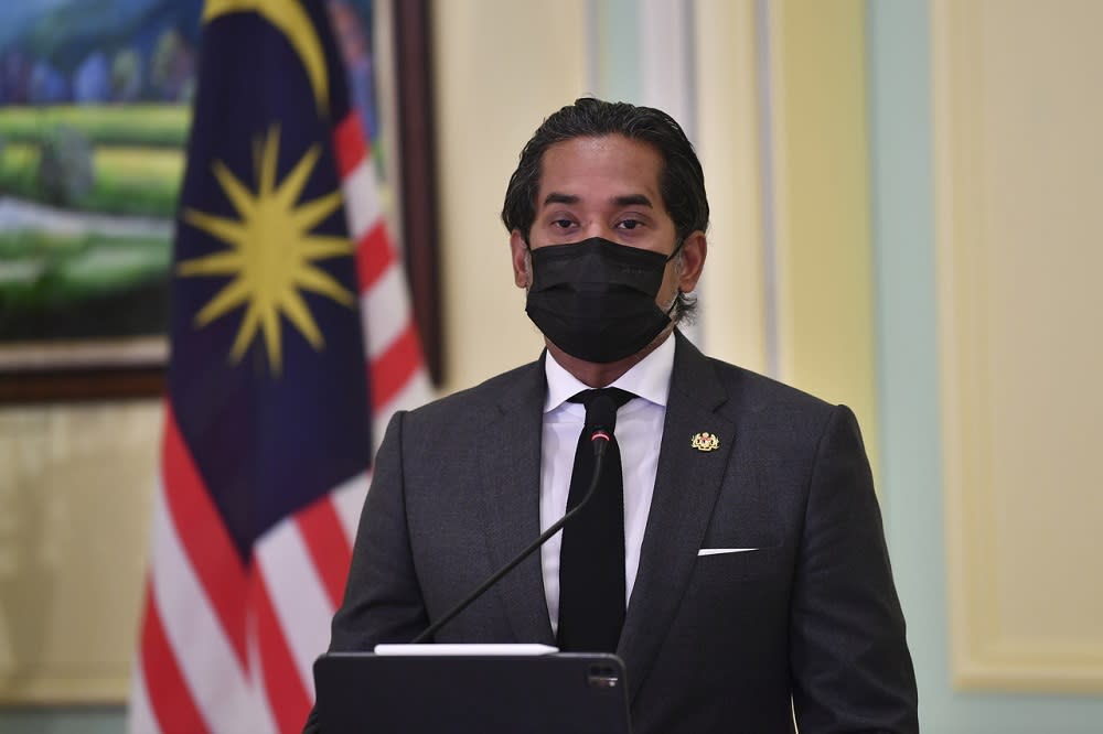 Innovation, Science, And Technology Minister Khairy Jamaluddin delivers his speech during the launch of the National Covid-19 Immunisation Programme Handbook at the Perdana Putra Building in Putrajaya February 16, 2021. — Bernama pic