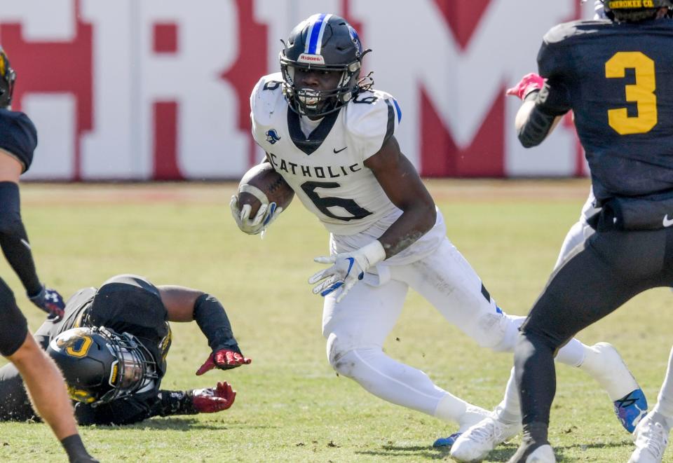 Catholic's Josh Griffin (6) caries the ball against Cherokee County during the AHSAA Class 4A football state championship game at Bryant Denny Stadium in Tuscaloosa, Ala., on Friday December 8, 2023.