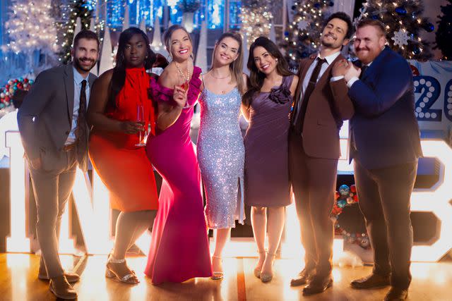 <p>Courtesy of Hallmark</p> Tyrell Witherspoon, Uchenna Nkwonta, Samantha Kendrick, Pascal Lamothe-Kipnes, Janel Parrish, Tyler Hynes, and Quinn Greene in 'Never Been Chris'd'