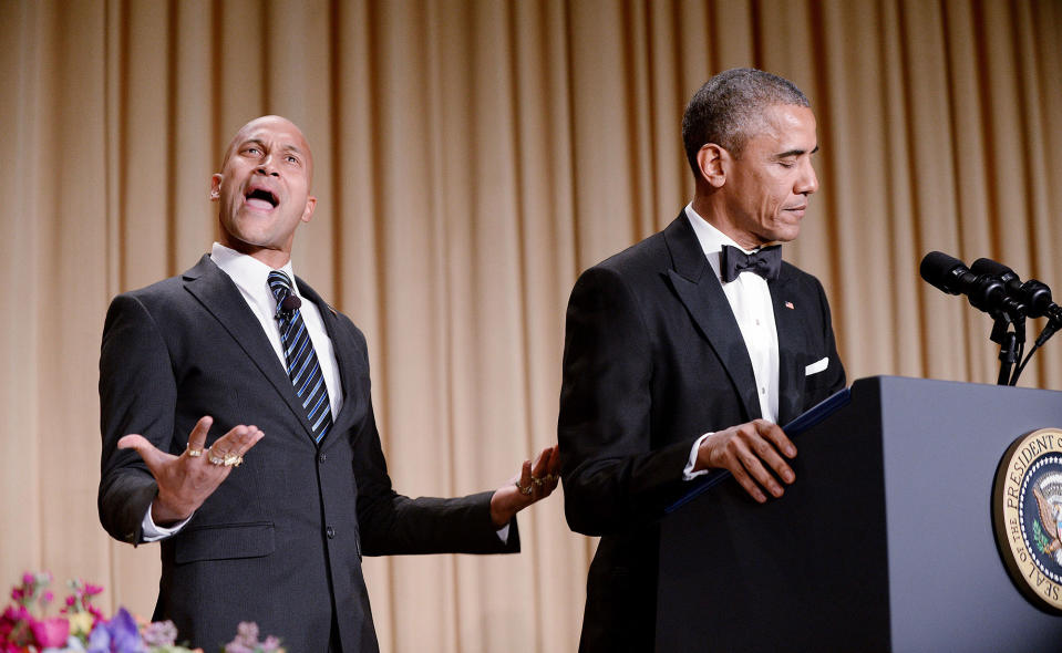 <p>The presidents translator, Luther (L), as portrayed by comedian Keegan-Michael Key, gestures as President Barack Obama speaks at the annual White House Correspondent’s Association Gala at the Washington Hilton hotel April 25, 2015 in Washington, D.C. The dinner is an annual event attended by journalists, politicians and celebrities. (Olivier Douliery-Pool/Getty Images) </p>