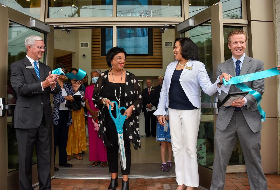 Over 100 community leaders gathered for the Robert Hett Chapman III Center for Philanthropy ribbon cutting in Spartanburg June 29, 2021. Pictured left to right are: Troy Hanna, President and CEO, The Spartanburg County Foundation; Mary Thomas, Executive Director for Robert Hett III Center for Philanthropy and Chief Operating Officer of The Spartanburg County Foundation; Sheryl Booker, Chairwoman of Board of Trustees, The Spartanburg County Foundation; Alan Smith, President/CEO at OneSpartanburg, Inc.