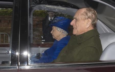 Britain's Queen Elizabeth and her husband Prince Philip leave after a service at St. Mary Magdalene church in Sandringham, Britain January 8, 2017. REUTERS/Alan Walter