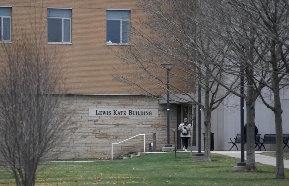 Students enter the Lewis Katz Building, which is home to Penn State Law, Tuesday on the University Park campus.