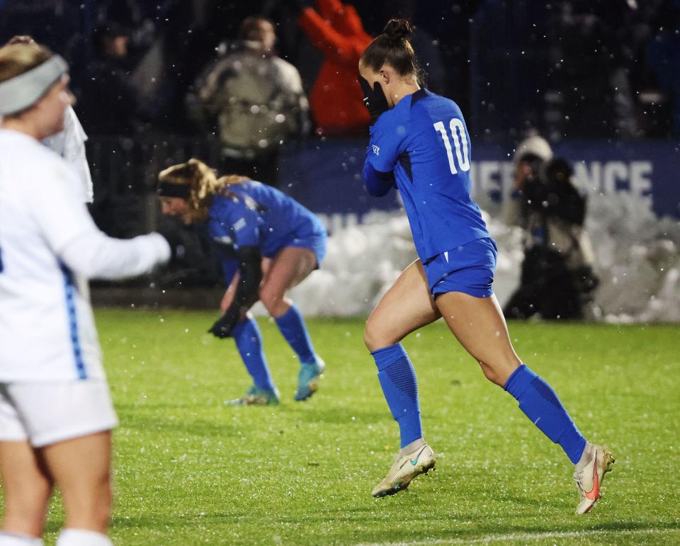 BYU midfielder Olivia Katoa (10) covers her face after scoring against North Carolina during the NCAA tournament quarterfinals in Provo on Friday, Nov. 24, 2023. | Jeffrey D. Allred, Deseret News