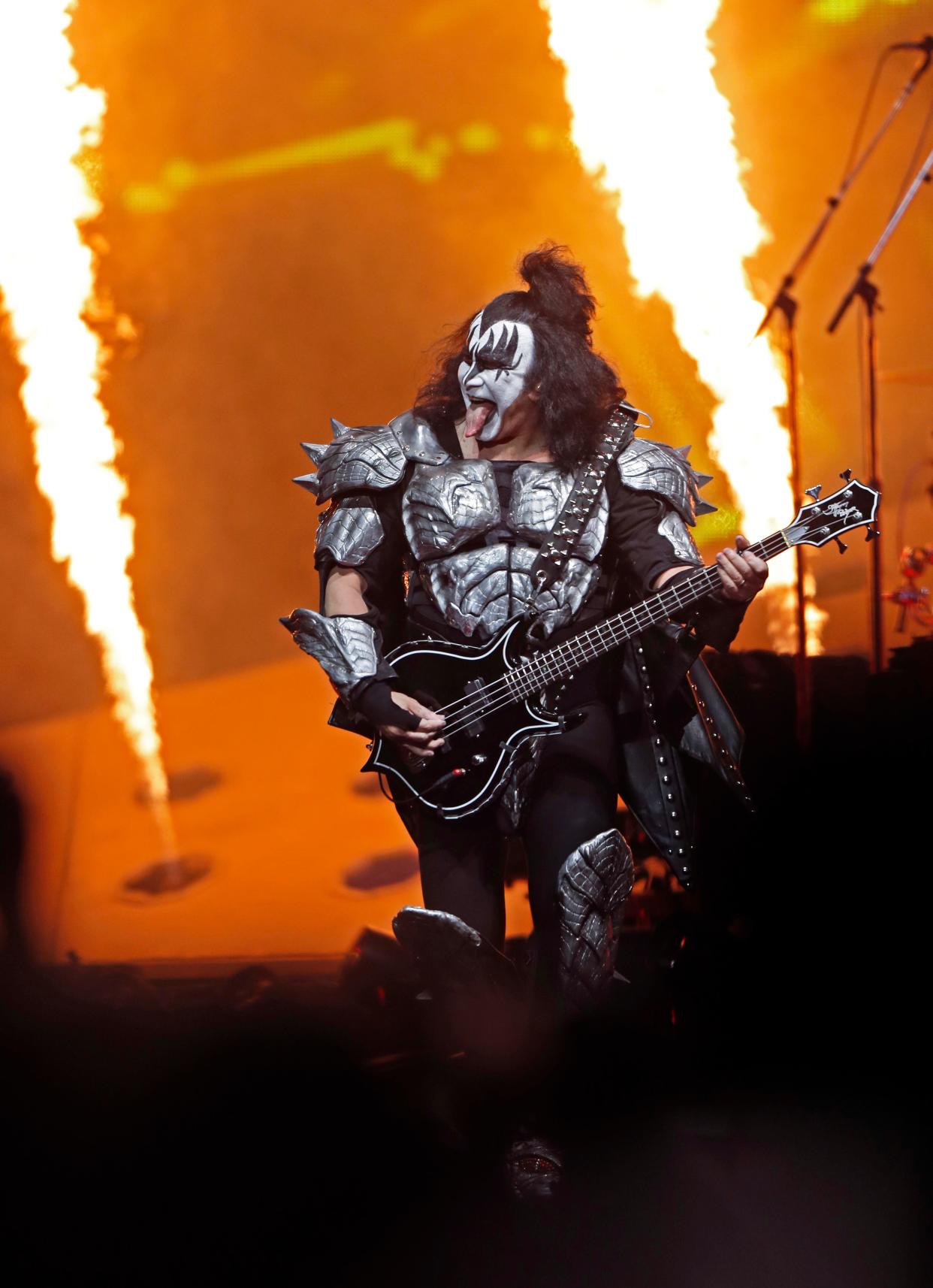 Gene Simmons of the rock band KISS performs during their concert at Bridgestone Arena Tuesday, April 9, 2019, in Nashville, TN. 