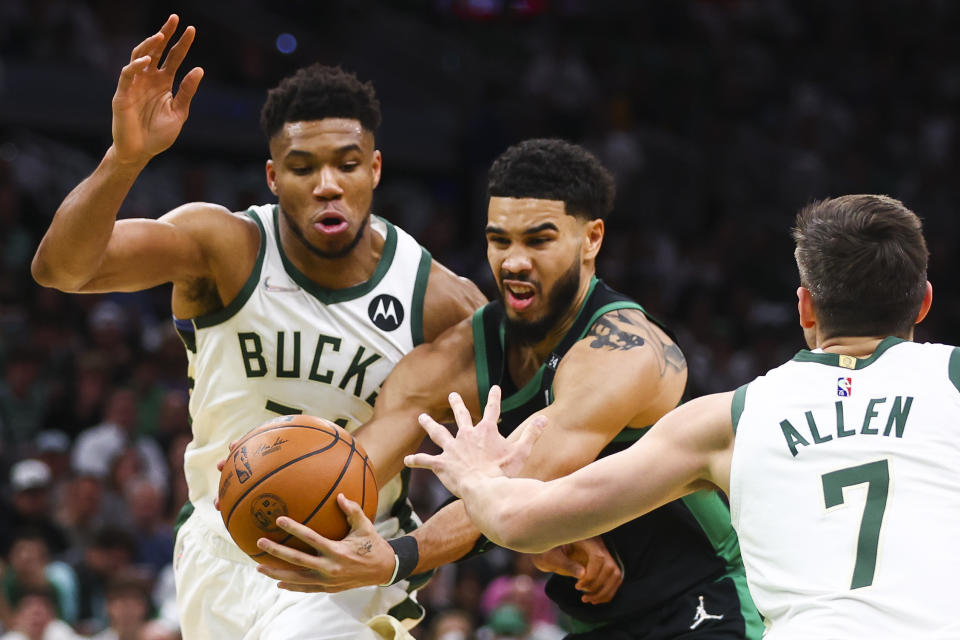 Giannis Antetokounmpo and his Milwaukee Bucks gave Boston Celtics star Jayson Tatum little room to operate. (Adam Glanzman/Getty Images)