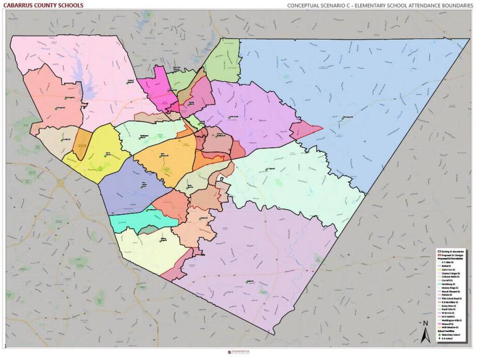 This map shows proposed changes to Cabarrus County elementary school boundaries under ‘scenario C,’ which was recommended to the school board on Tuesday. Areas marked with red lines show how attendance lines would change compared to the black lines where borders currently sit.