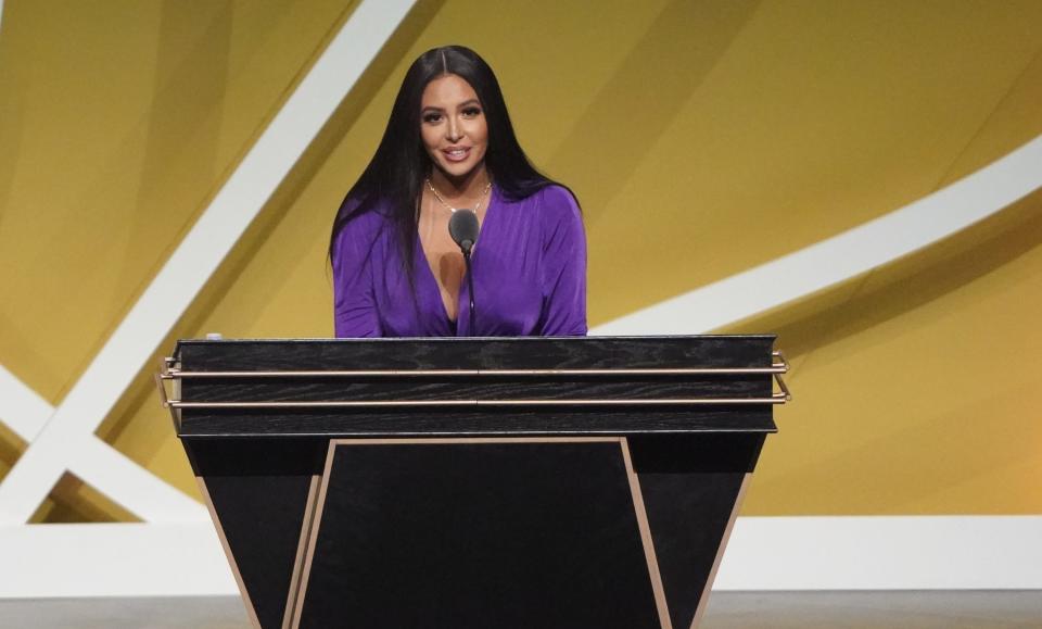 Vanessa Bryant speaks at the 2021 Basketball Hall of Fame ceremony.