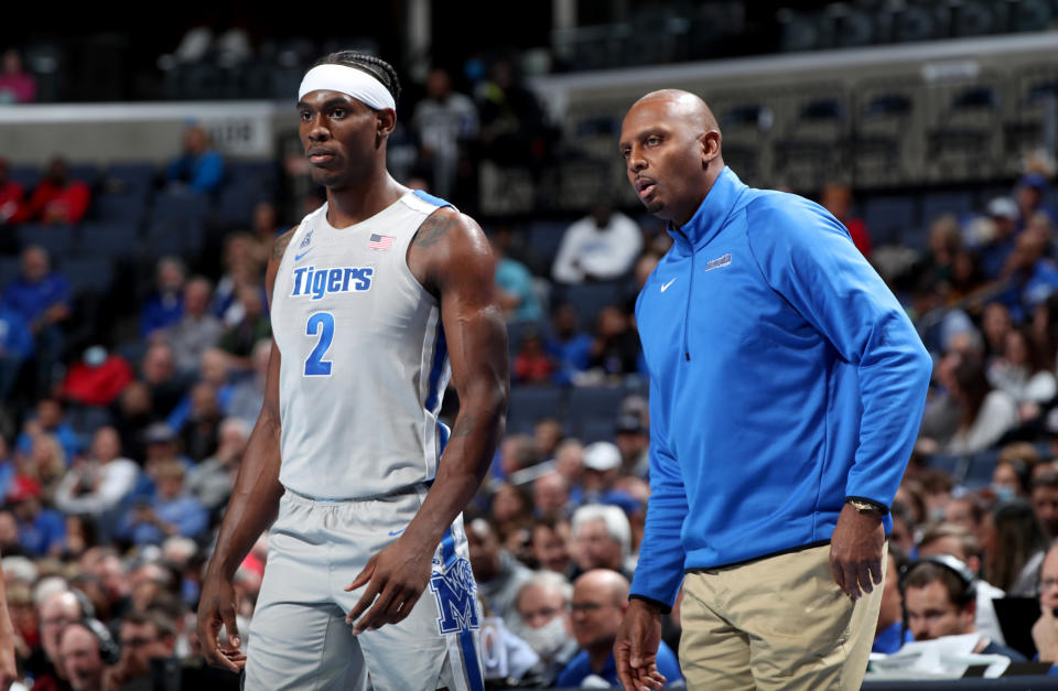 MEMPHIS, TN - NOVEMBER 19: Jalen Duren #2 and Penny Hardaway of the Memphis Tigers look on against the Western Kentucky Hilltoppers during a game on November 19, 2021 at FedExForum in Memphis, Tennessee. Memphis defeated Western Kentucky 74-62. (Photo by Joe Murphy/Getty Images)