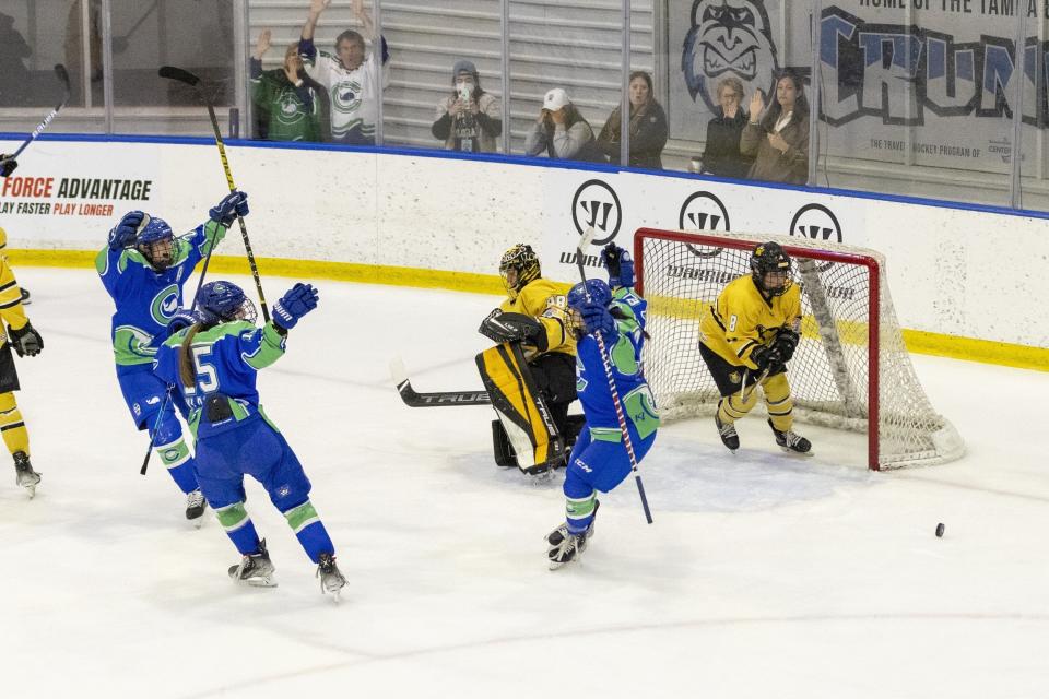 FILE - Connecticut Whale forward Amanda Conway (88) scores against the Boston Pride in the first period during the Premier Hockey Federation's Isobel Cup final March 28, 2022, in Tampa, Fla. The Mark Walter Group acquired what was described as “certain assets” of the PHF in a move Thursday, June 29, 2023, that has the potential of clearing the way for one North American women’s hockey league, a person with direct knowledge of the agreement told The Associated Press. (Arielle Bader/Tampa Bay Times via AP, File)