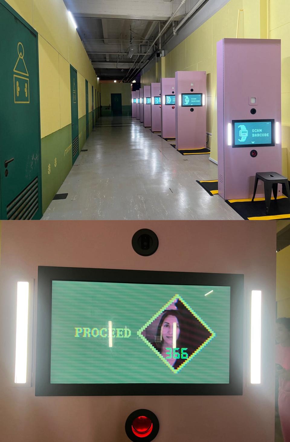 A hallway at the Squid Game: The Trials game asks players to scan the barcode on their bracelets, take their photo, and enter name. They are then bid good luck.