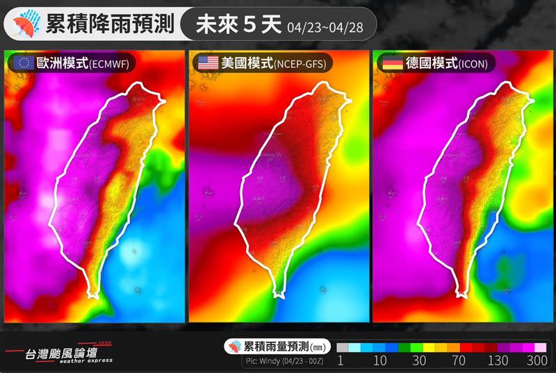 各主流模式未來5天的雨量預報圖。（圖／翻攝自台灣颱風論壇｜天氣特急）