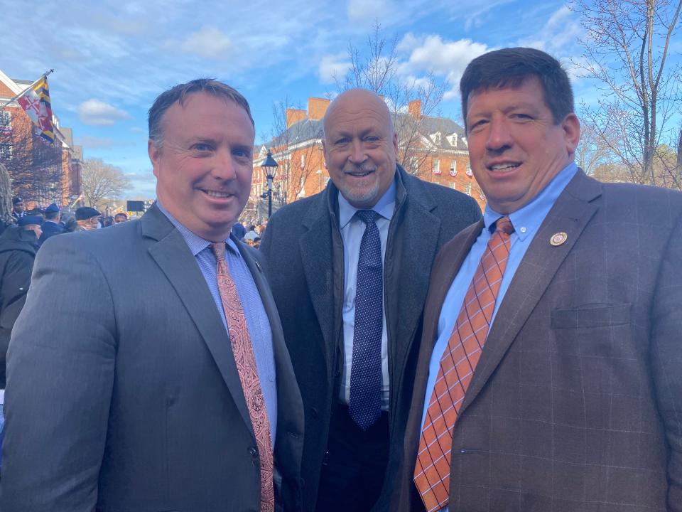 Eastern Shore Del. Jeff Ghrist, left, Baltimore Orioles Hall of Fame infielder Cal Ripken Jr., center, and Del. Wayne Hartman, Wicomico and Worcester, stand for a picture prior to the inauguration of Wes Moore as the 63rd Governor of Maryland. Hartman said he'd never seen of the State House dome look better.