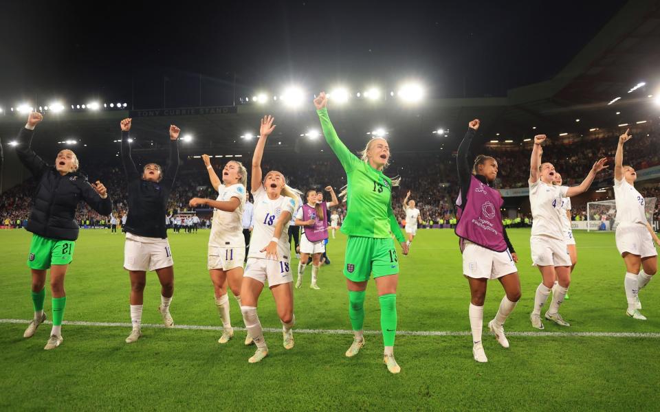 The Lionesses celebrate after reserving their place for the Euro 2022 final