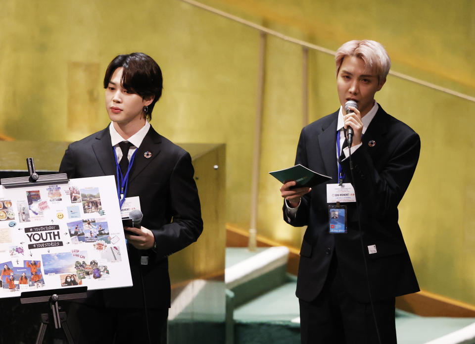 ADDS IDS - Members of South Korean K-pop band BTS, Jimin, left, and J-Hope speak at the United Nations meeting on Sustainable Development Goals during the 76th session of the U.N. General Assembly at U.N. headquarters on Monday, Sept. 20, 2021. (John Angelillo/Pool Photo via AP)