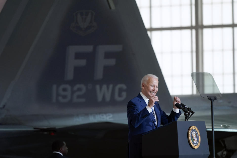 President Joe Biden speaks at Joint Base Langley-Eustis in Hampton, Va., Friday, May 28, 2021. (AP Photo/Patrick Semansky)