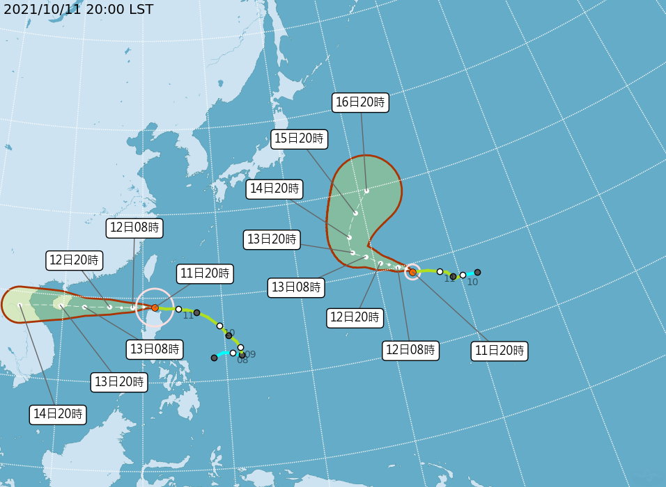 輕颱圓規晚間8時的中心位置在北緯18.9度，東經121.5 度，以每小時25公里速度，向西進行。。（中央氣象局提供）